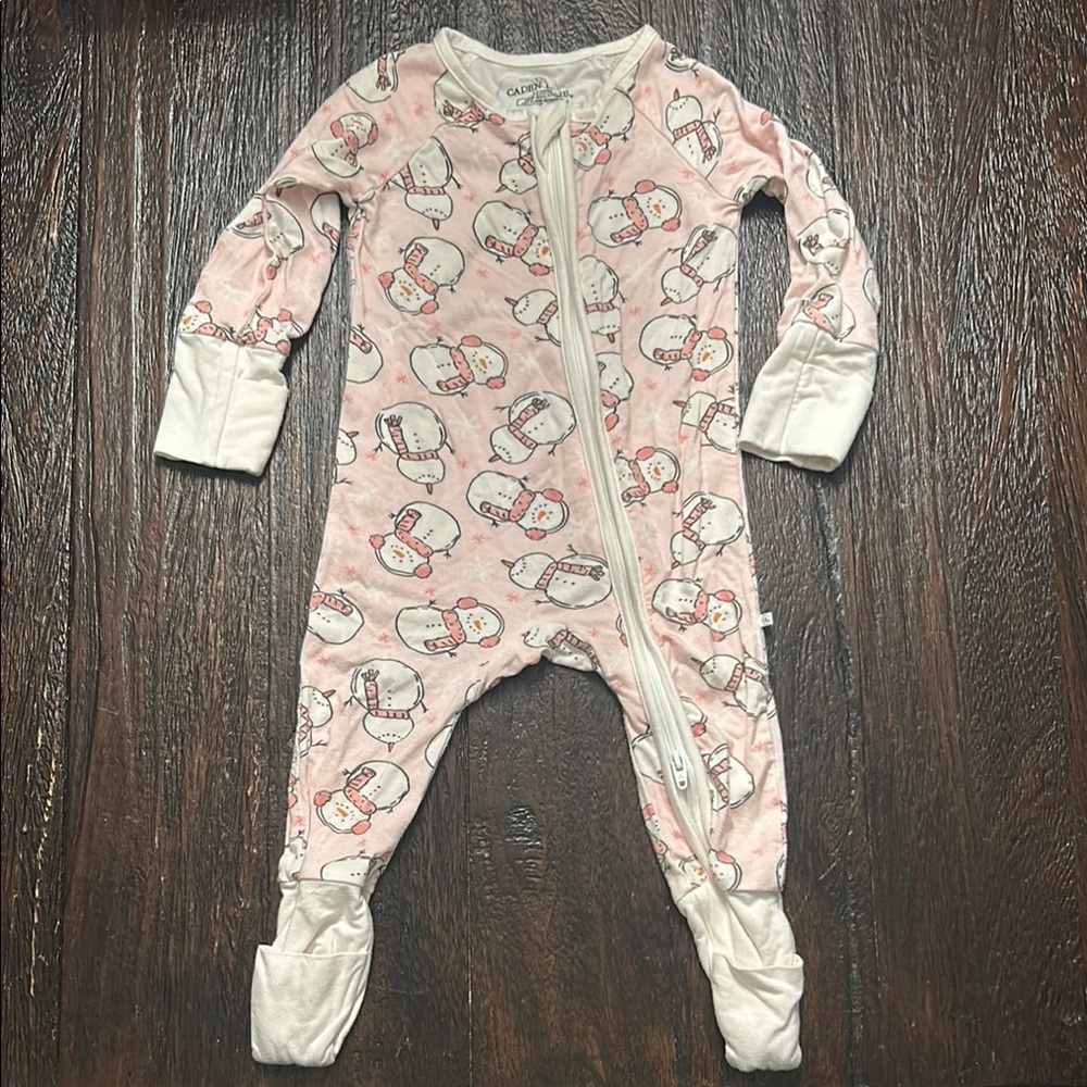 Caden Lane Pink Snowman Bamboo Zip Romper